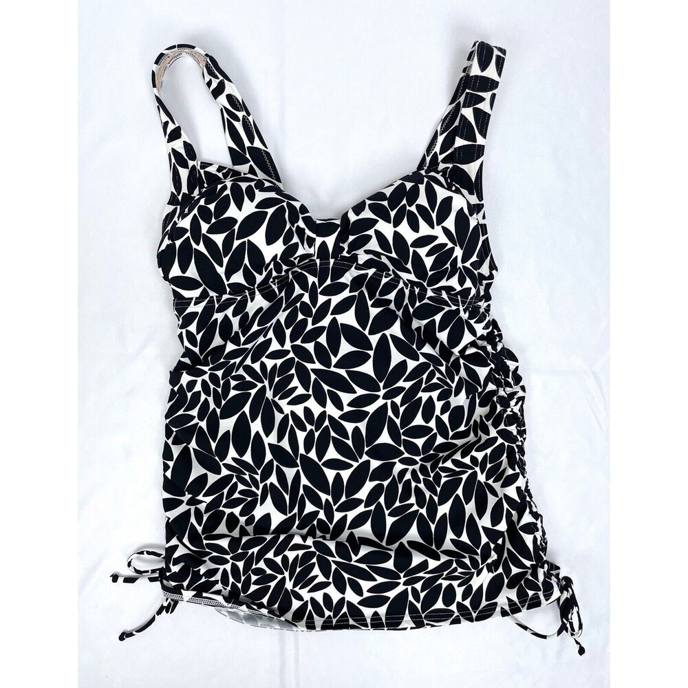 Lands' End Women Size 6 Black White Tankini Swim Top Shelf Bra Leaves Side Ties